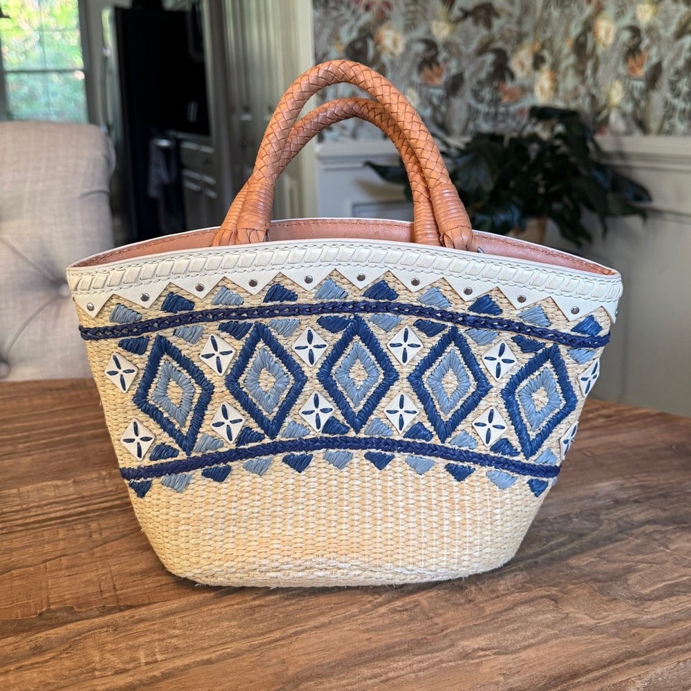 Polo Ralph Lauren Raffia & Leather Tote Bag w/ Blue White Navajo Design Sample